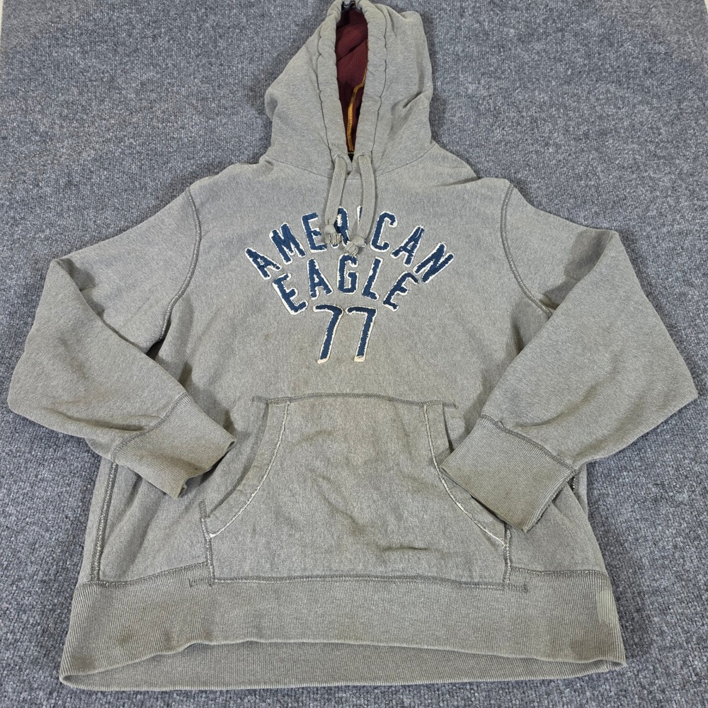 American Eagle Mens 2XL Gray Eagle Fleece Pullover Hoodie Distressed Logo 77